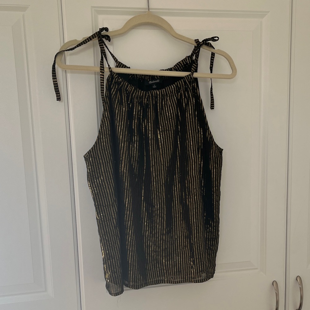 Madewell Black and Gold Striped tie party top